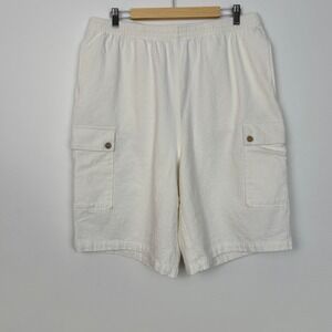 KS Island Men XL Tall White Textured Cotton Cargo Short Elastic Waist Drawstring